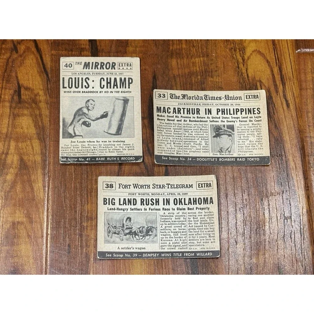 Lot of (3) 1954 Topps Scoop #33, 36, 40 MacArthur Land Rush Joe Louis w/ Coating